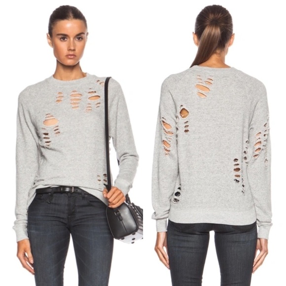 R13 Shredded Zip Side Cotton Sweatshirt Gray - Picture 1 of 6